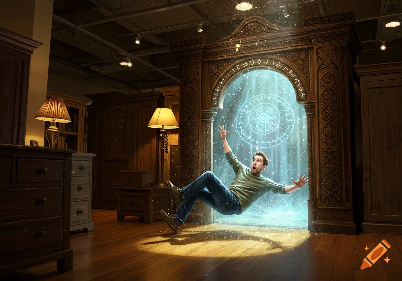 A man falls backward with a surprised expression into a glowing magical portal within a grand wooden archway in a dimly lit furniture store.