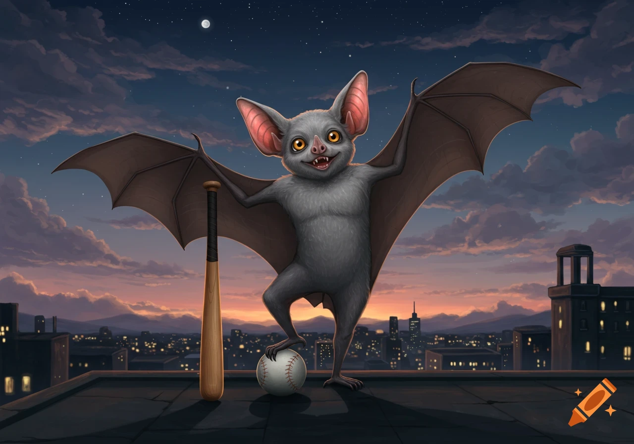 A friendly cartoon bat stands on a city rooftop at dusk, holding a baseball bat with one foot on a baseball.
