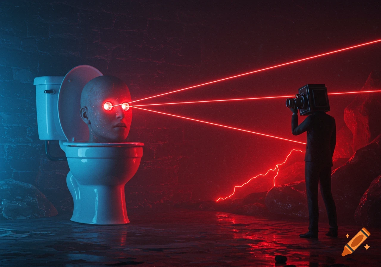 A surreal scene with a bald head in a toilet shooting laser eyes at a person with a camera for a head, bathed in red and blue light.