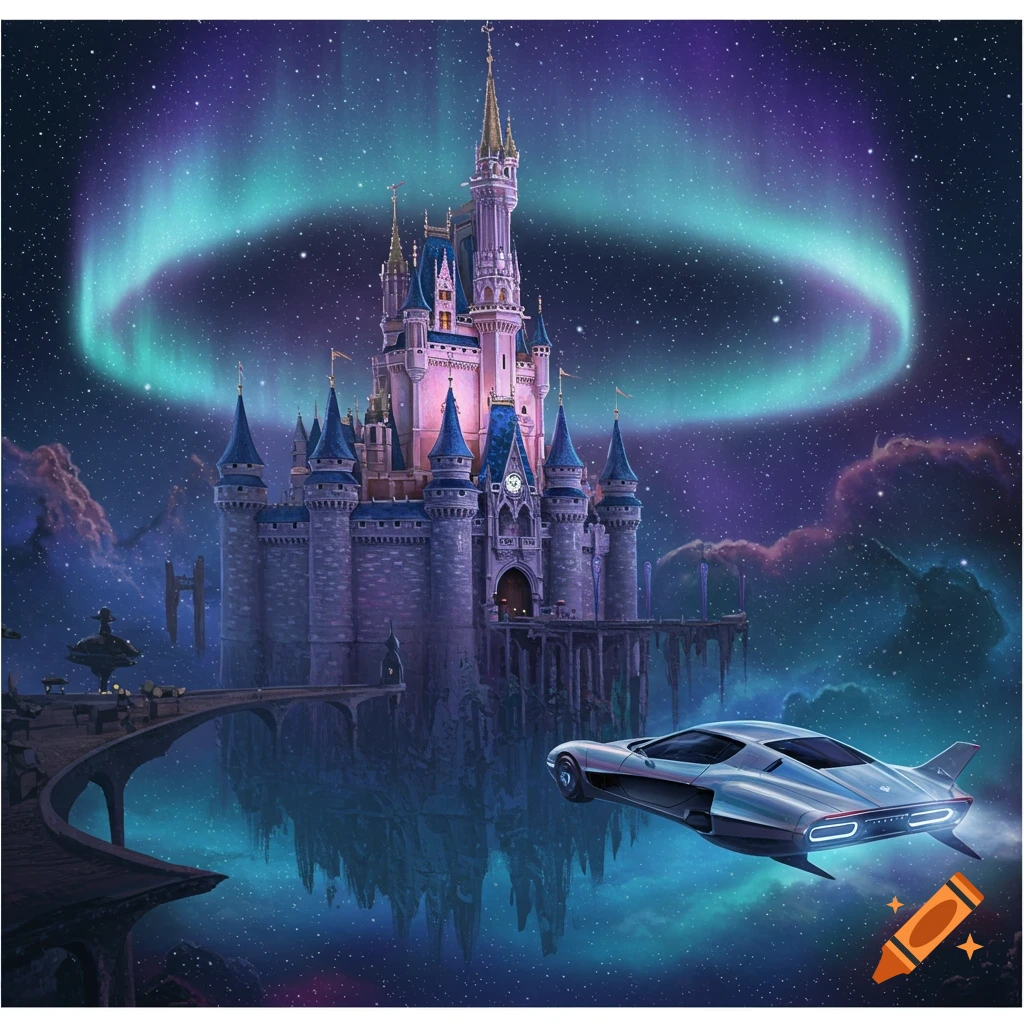 A futuristic castle floats in space with an aurora, as a silver flying car hovers nearby.