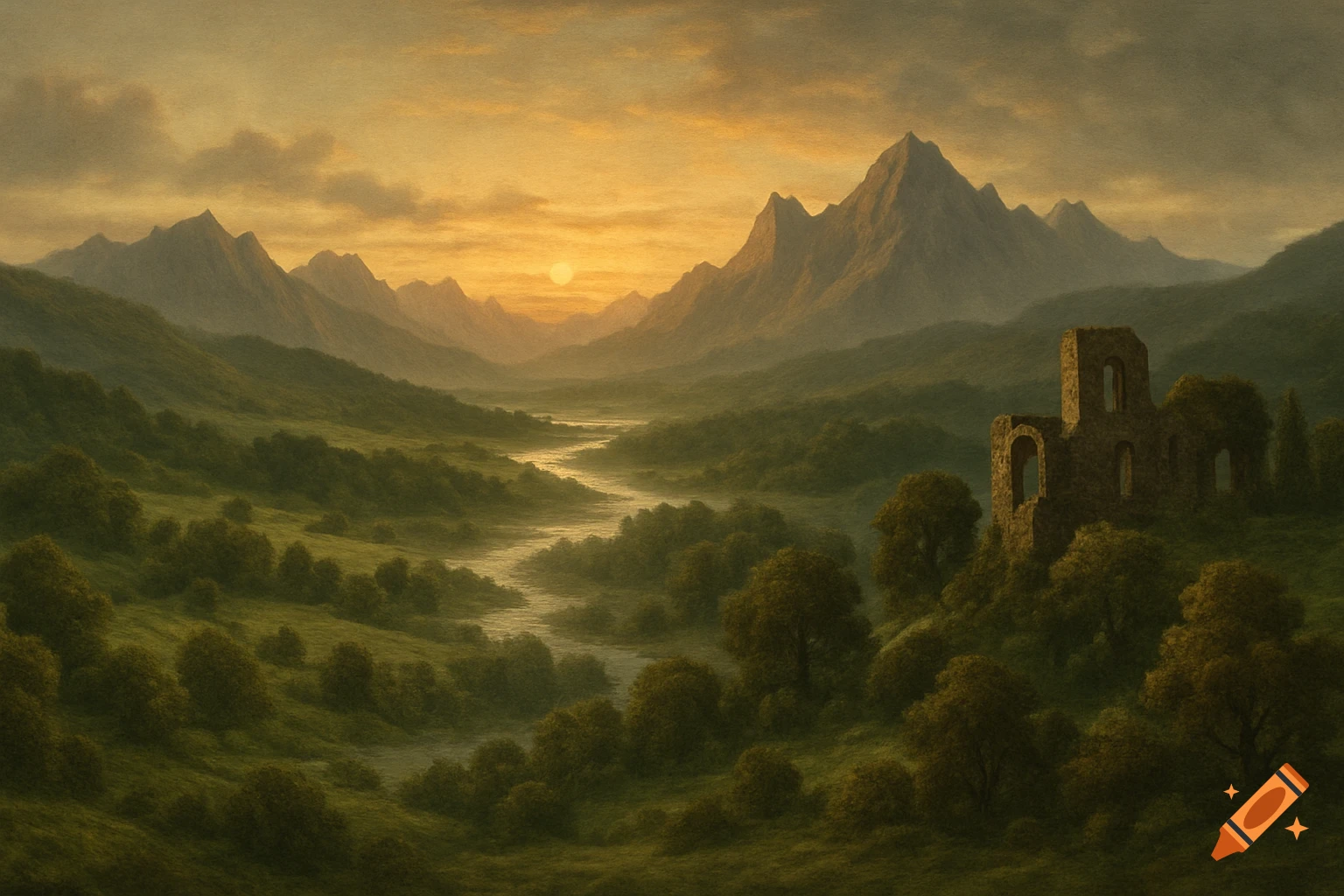 A Lord of the Rings-inspired landscape with a winding river, ancient ruins, and rugged mountains under a glowing sunset.