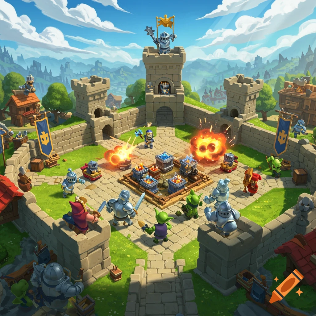 A vibrant cartoon castle battle scene with knights and goblins fighting, explosions, and banners under a blue sky.
