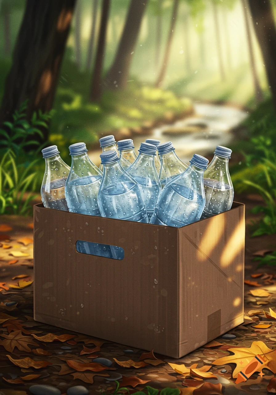 A cardboard box filled with water bottles covered in condensation, sitting on a leaf-covered forest floor next to a stream in an illustrated style.