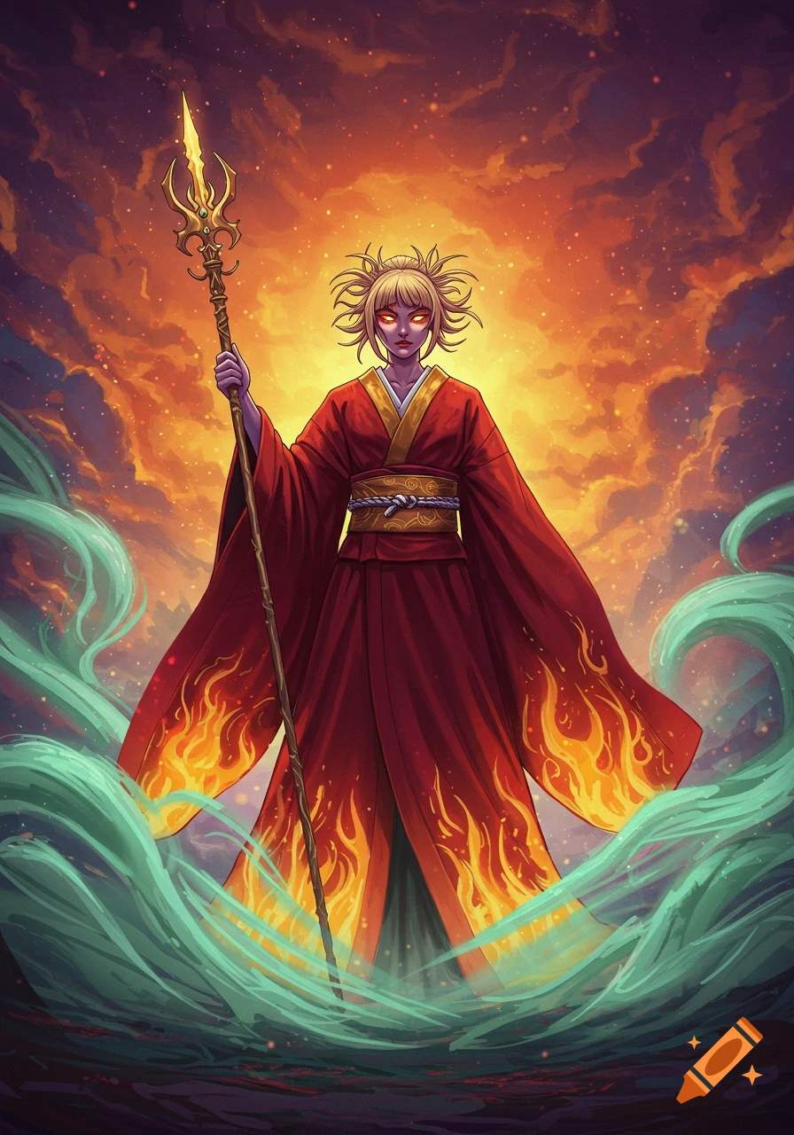 Anime-style Himiko Toga in a flaming red kimono holds a staff, surrounded by swirling teal energy against a vibrant orange and purple sky.