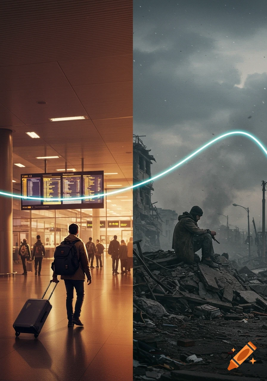 A split image; left side shows a man with a suitcase in a bright airport terminal, right side shows a person sitting on rubble in a dark, destroyed war zone, connected by a glowing blue line.