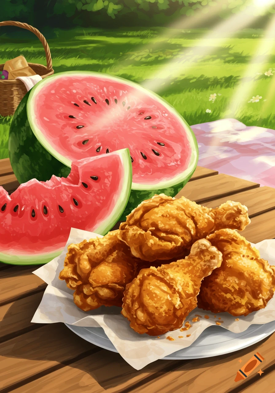 Illustration of a picnic with sliced watermelon and fried chicken on a wooden table in a sunny park.