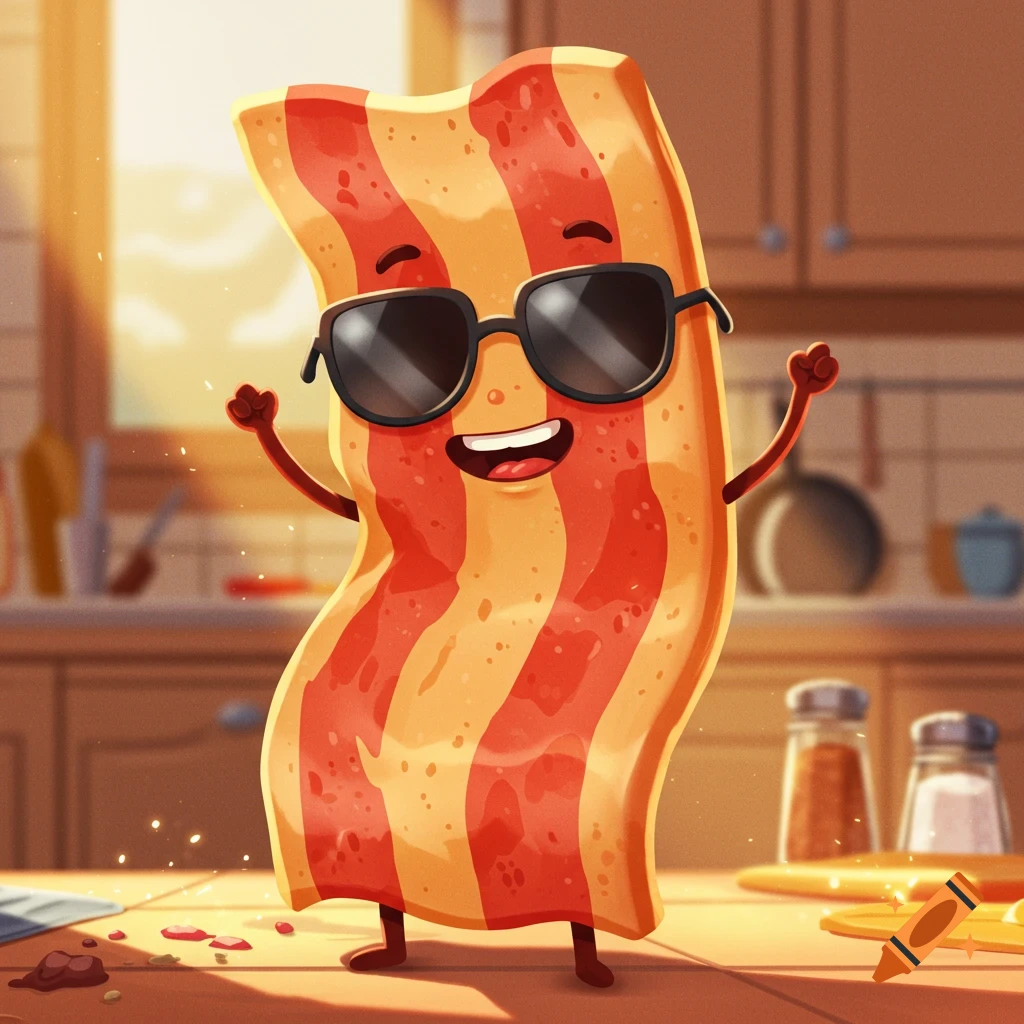 A cartoon bacon strip character wearing sunglasses, smiling, and raising its arms in a sunlit kitchen.