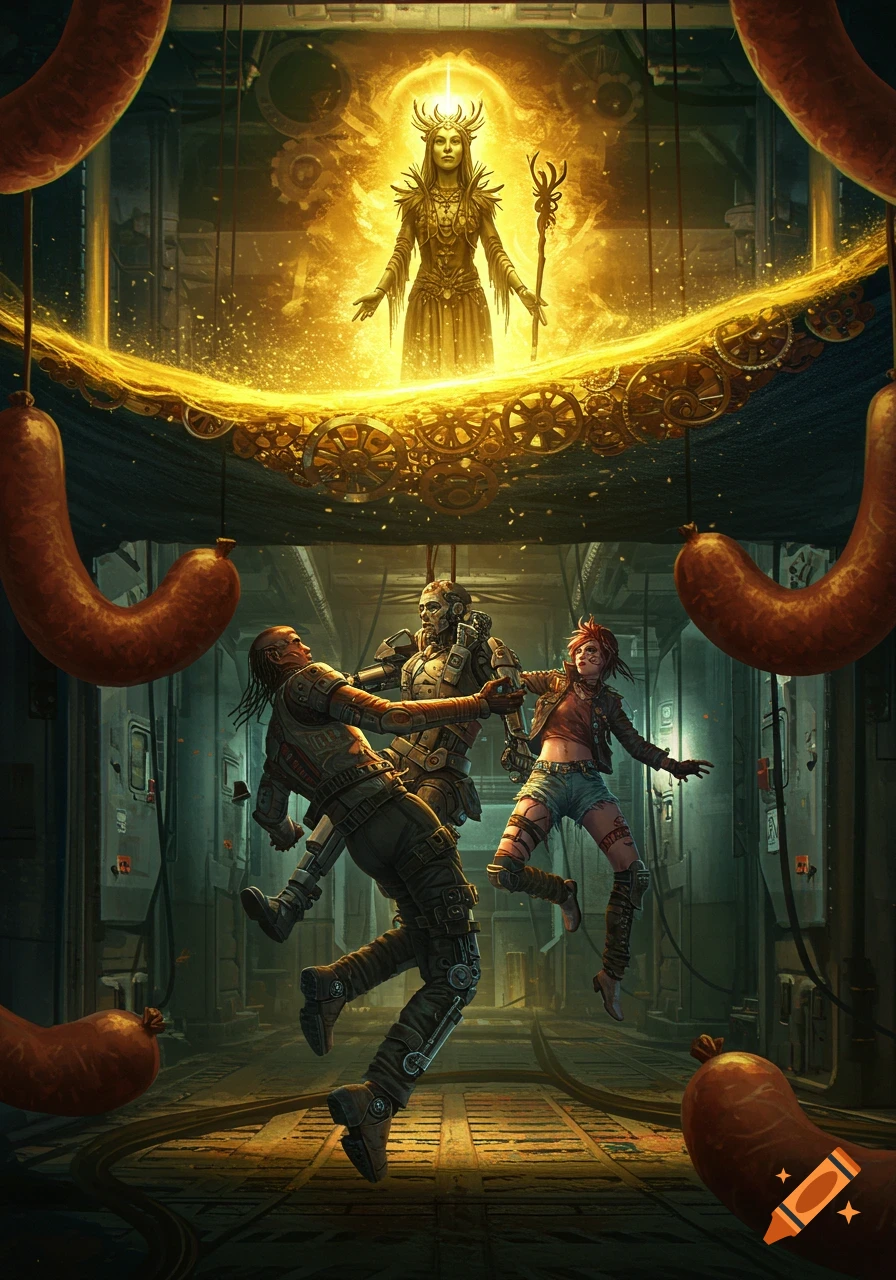 A cyberpunk scene where two humans are suspended in a sausage factory, beneath a golden, glowing ripple containing gears. Above them, a druid-like figure with a staff emerges from the light.
