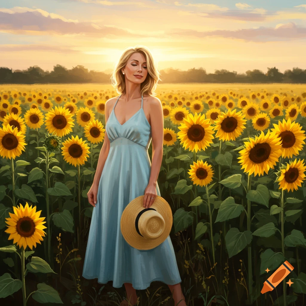 A blonde woman in a light blue dress stands in a vibrant sunflower field at sunset, holding a straw hat. Digital painting.