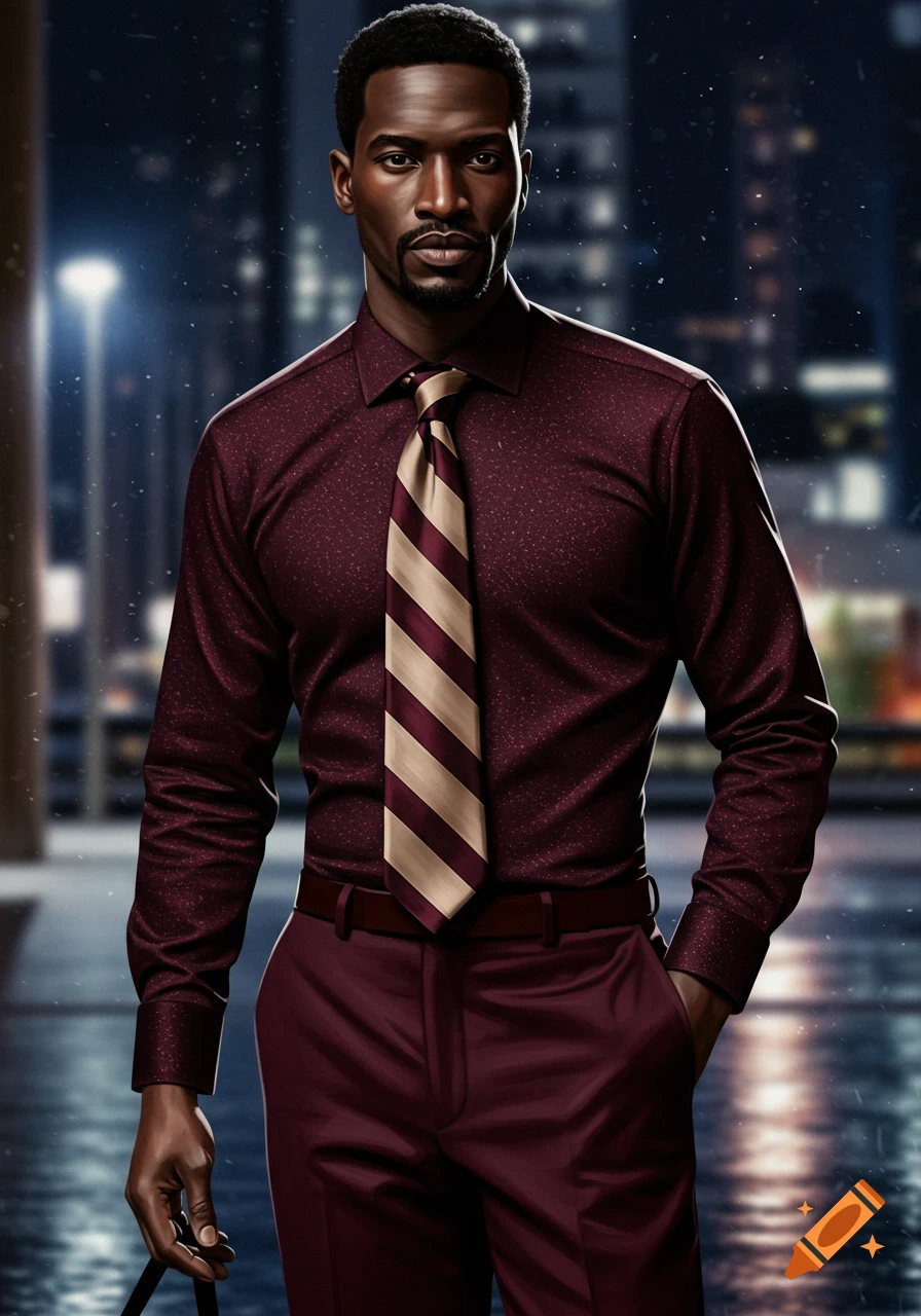 Photorealistic portrait of a stylish man in a burgundy shirt, striped tie, and matching pants on a city street at night.