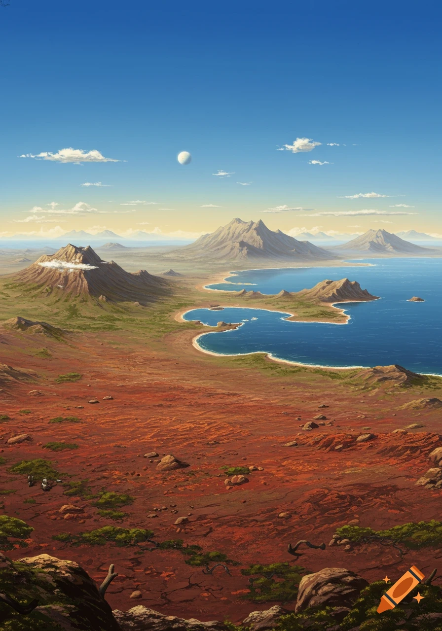 A vast landscape with a smoking volcano, rugged mountains, a blue bay, and red plains under a bright sky with a moon.