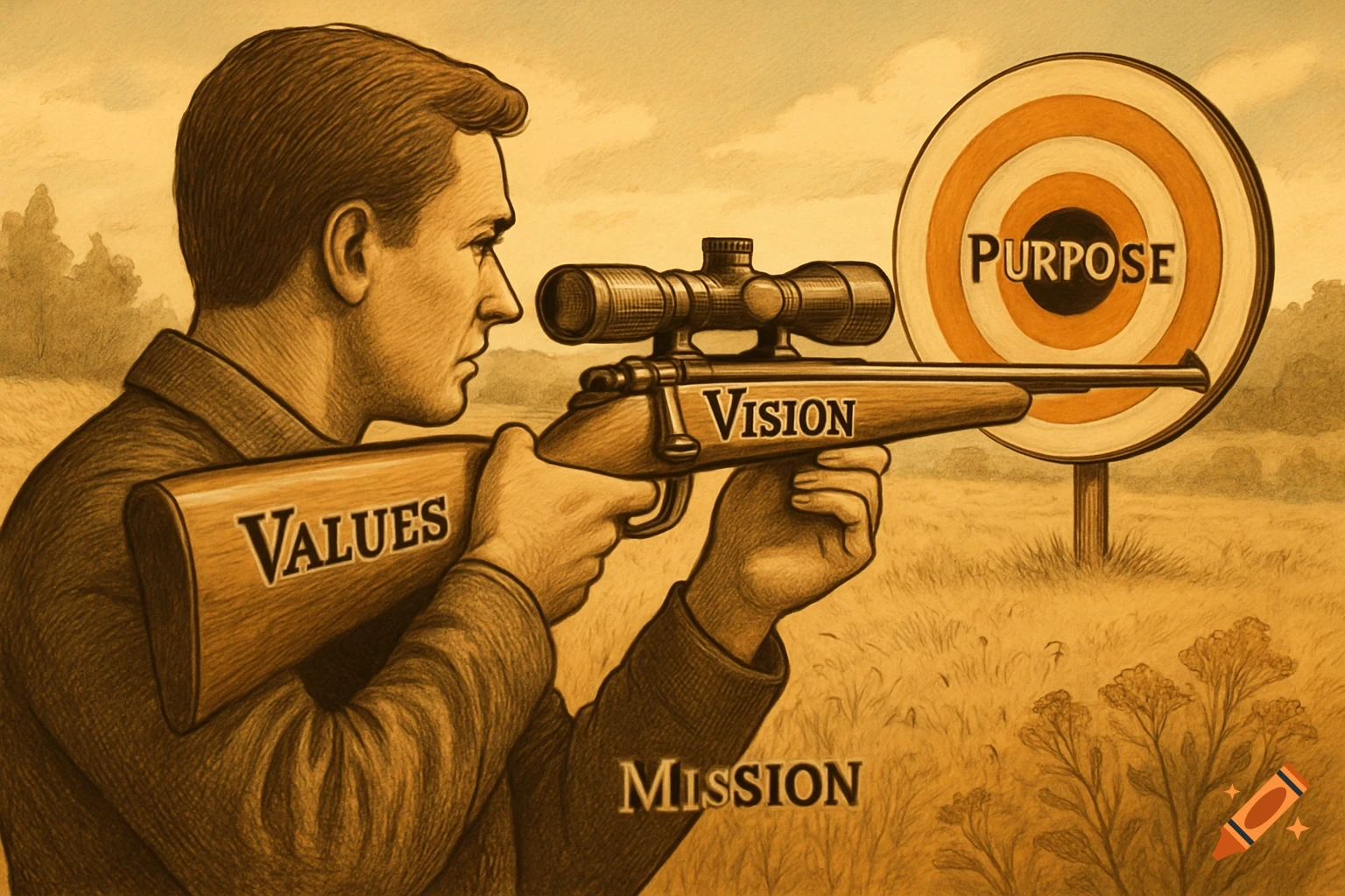 Sepia illustration of a man aiming a rifle labeled 'VALUES' and 'VISION' at a target with 'PURPOSE', with 'MISSION' near his arm.