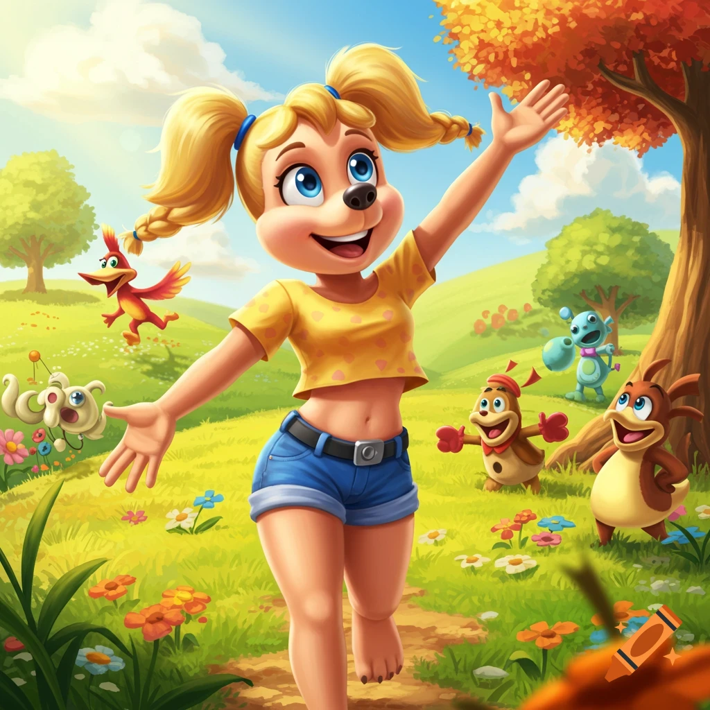 Cartoon character Tootie in a crop top and shorts, running barefoot through a sunny field with other creatures, in a vibrant game art style.