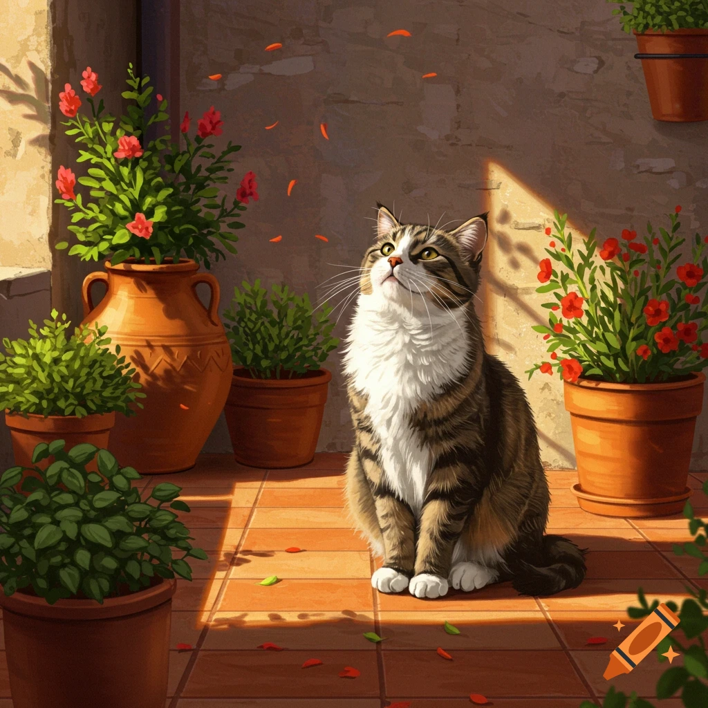 An illustrated tabby cat sits on a sunny tiled patio, looking up, surrounded by potted red flowers and green plants.