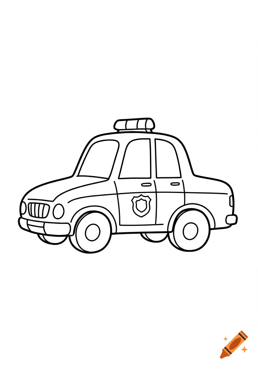 Simple black-and-white line art of a police car in a kids coloring book style.