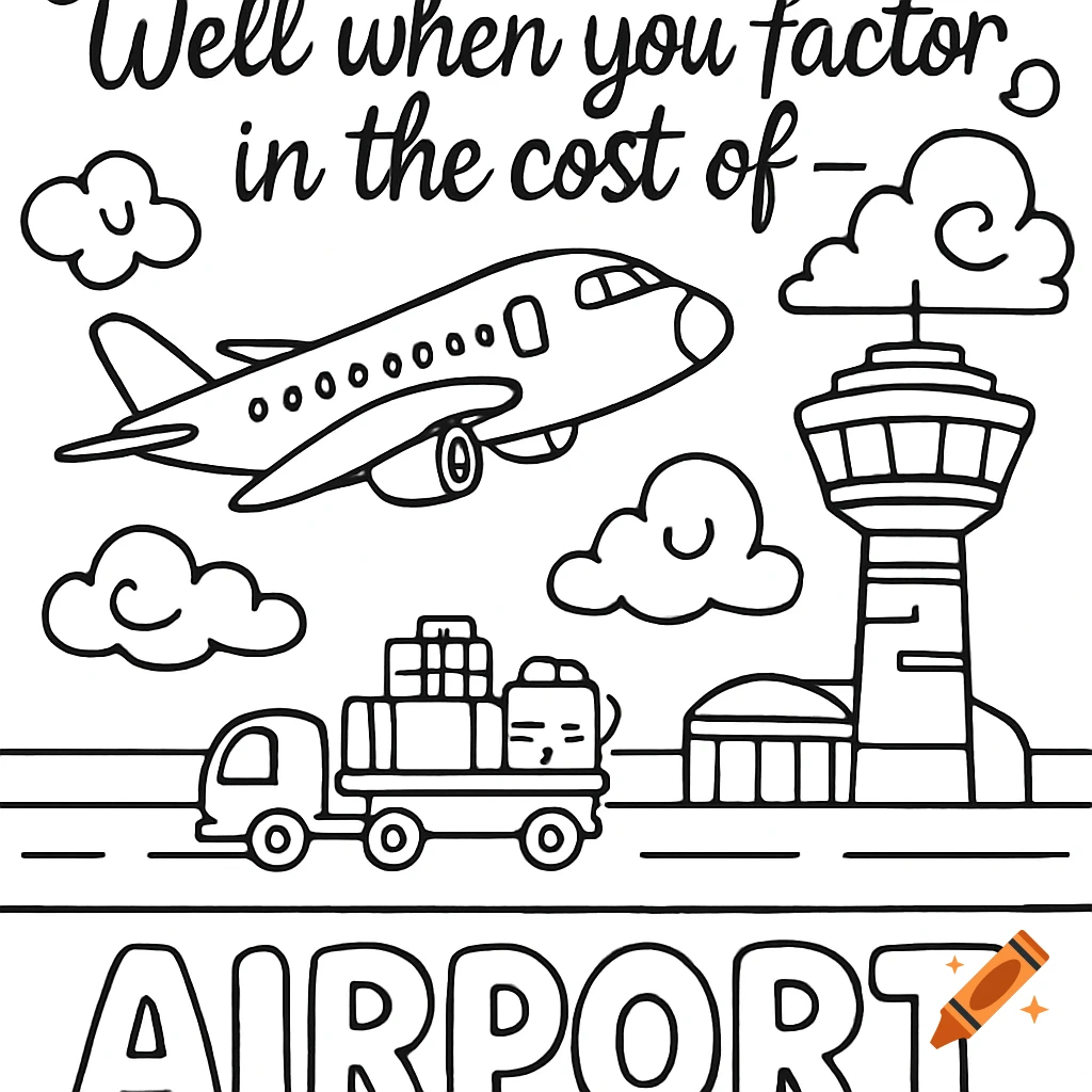 A black and white airport coloring page with an airplane, control tower, luggage truck, and clouds. Text reads "Well when you factor in the cost of –" at the top and "AIRPORT" at the bottom.