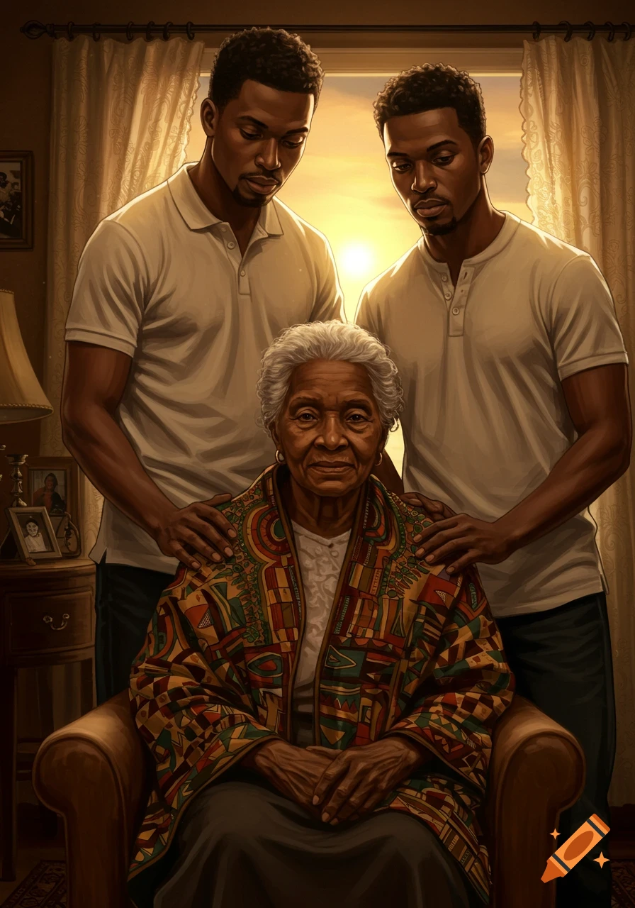 An old Black woman sits wearing a colorful coat, two younger Black men stand behind her, hands on her shoulders, in a warm illustration.