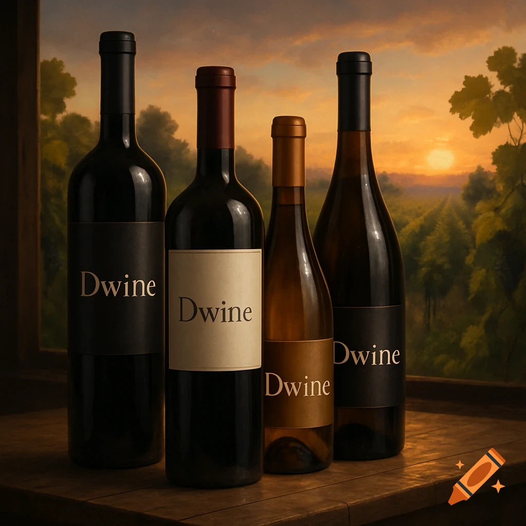 Four photorealistic wine bottles labeled 'Dwine' on a wooden table, with a vineyard and sunset in the background.