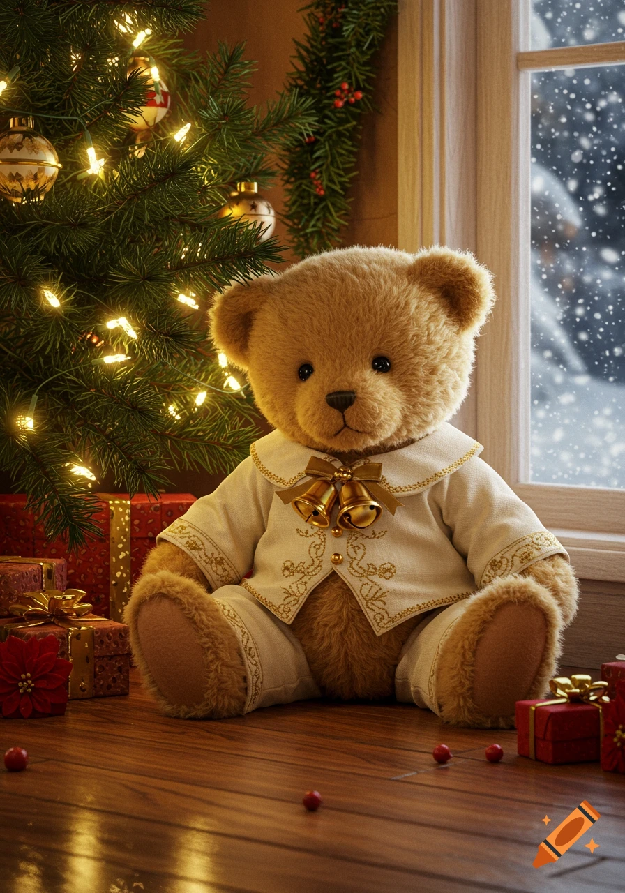 A photorealistic brown teddy bear in a cream and gold Christmas outfit with bells sits by a lit Christmas tree and presents, with snow falling outside a window.