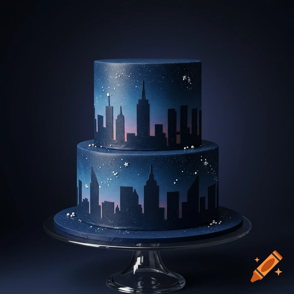 A two-tier navy blue cake decorated with a starry night sky and a city skyline silhouette, displayed on a glass cake stand.