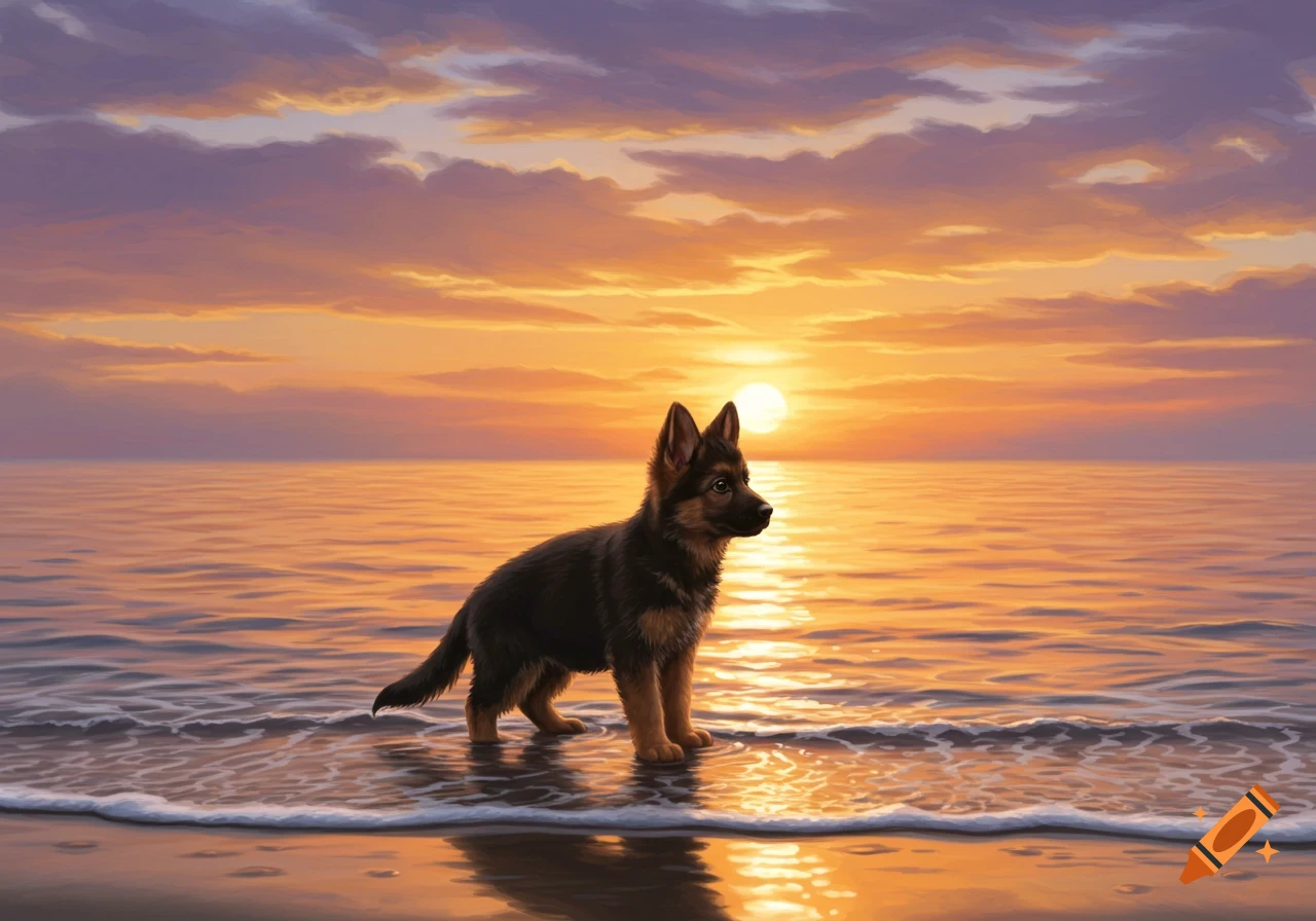 A German Shepherd puppy stands in shallow ocean water at sunset, with a vibrant orange and purple sky.