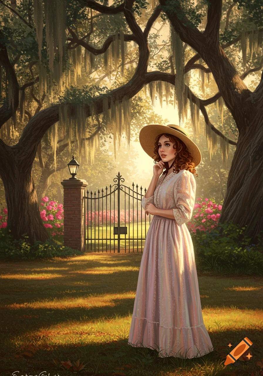 A woman in a straw hat and long dress stands in a sunlit Southern garden with moss-draped trees and an ornate gate.