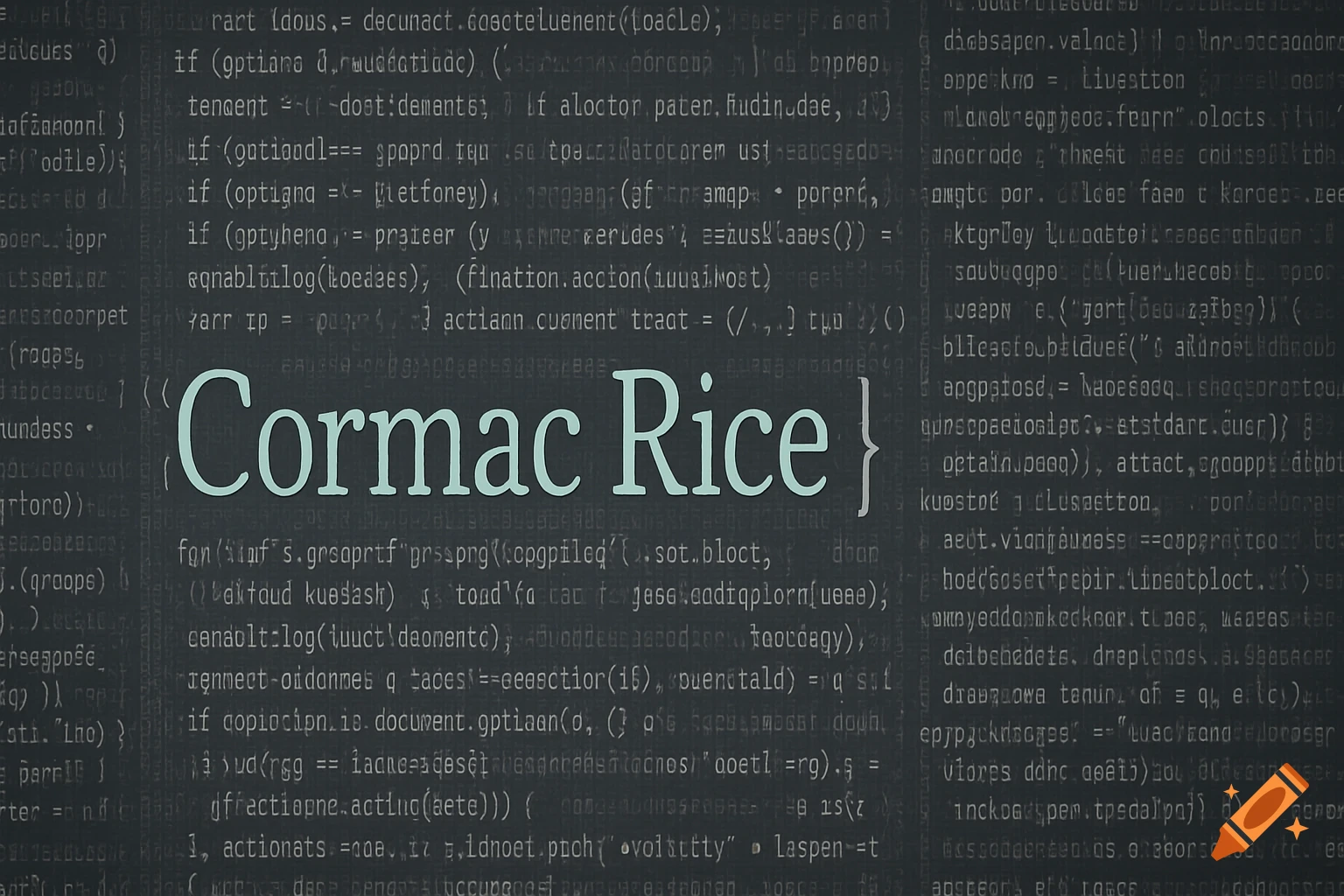 Dark screen displaying programming code with the name "Cormac Rice" highlighted in the center.