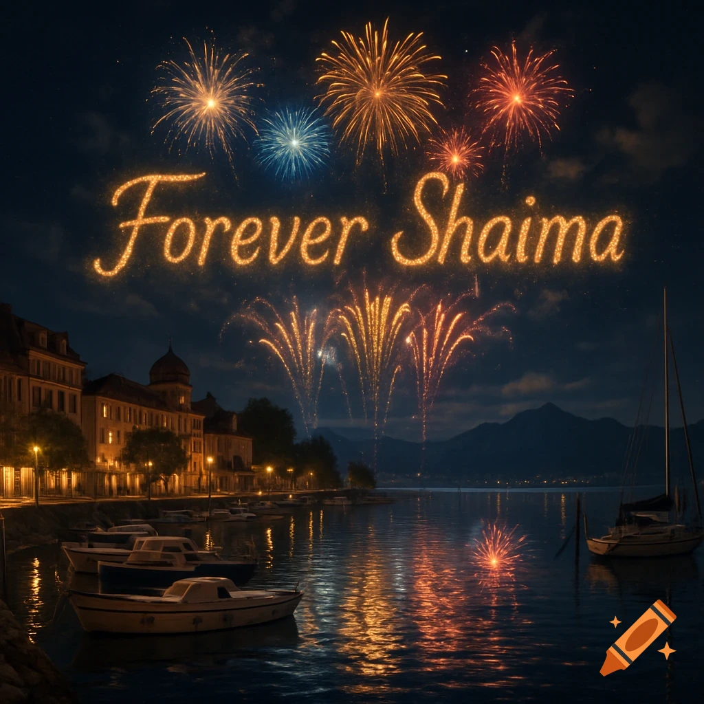 Photorealistic night scene of a port with colorful fireworks and glowing 'Forever Shaima' text in the sky, reflecting on the water.