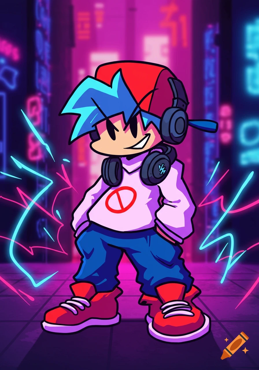 Anime-style BF from Friday Night Funkin' with headphones, wearing a white hoodie and blue pants, standing in a vibrant neon city street.