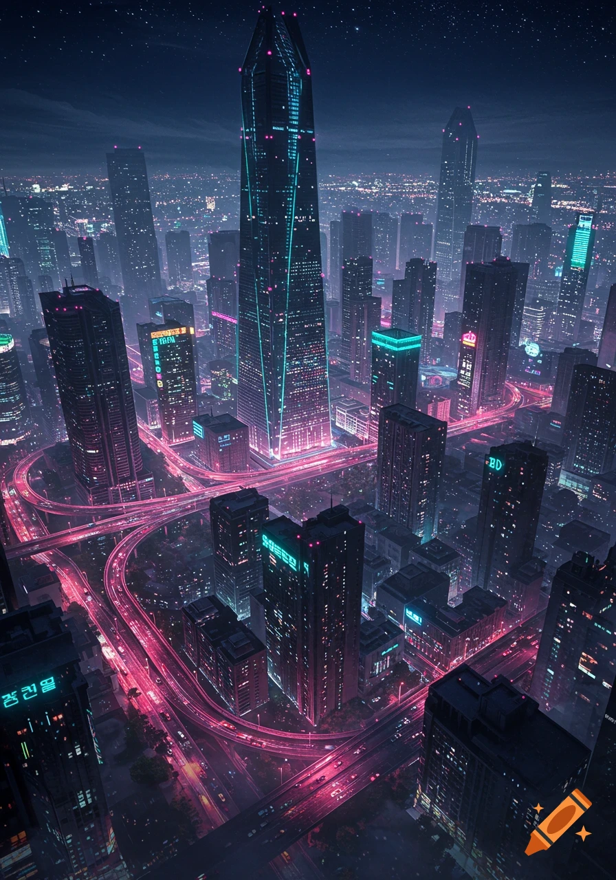 An aerial view of a futuristic city at night with towering skyscrapers and glowing pink and blue highways.