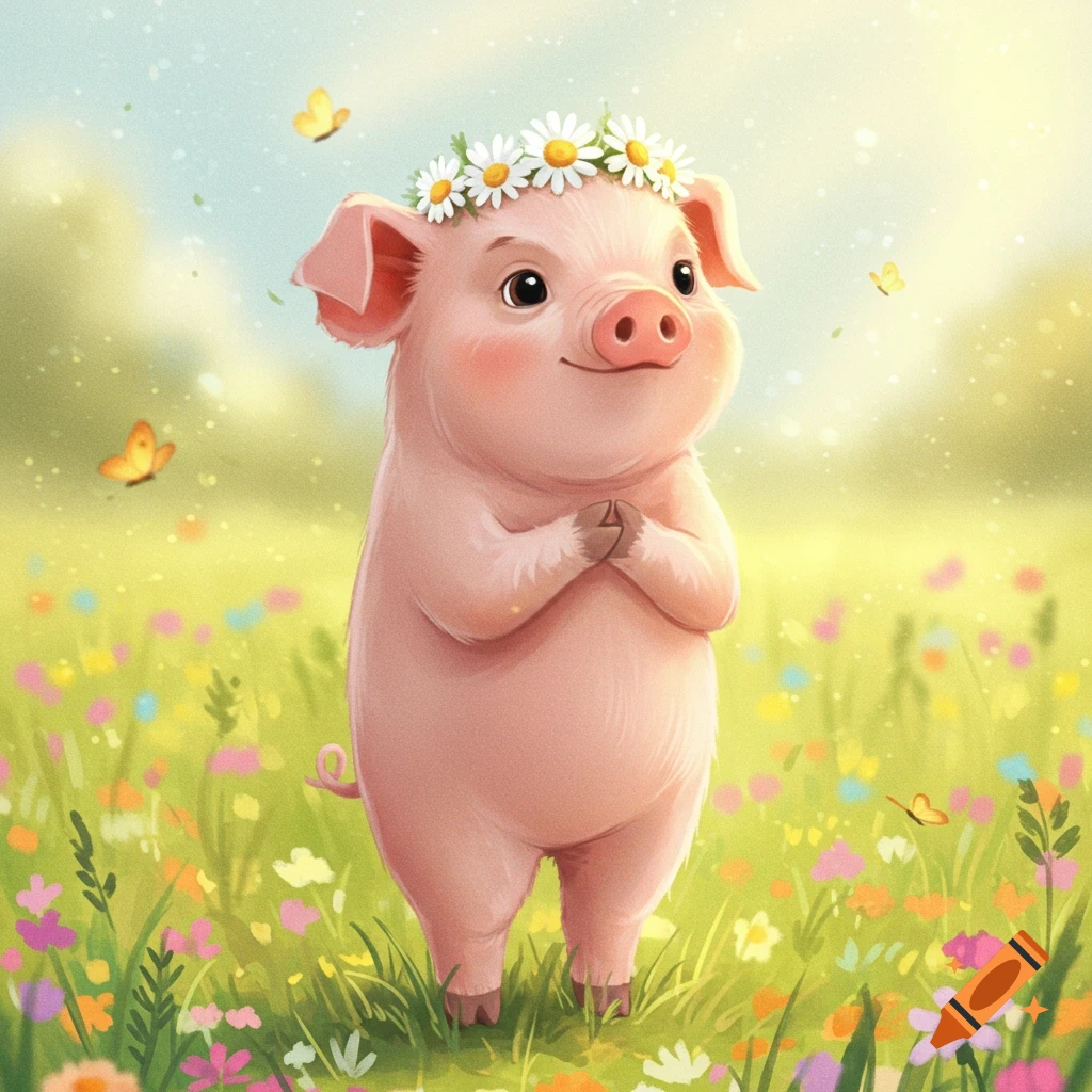 A cute cartoon pig wearing a daisy crown stands in a sunny meadow with clasped hooves, surrounded by wildflowers and butterflies.