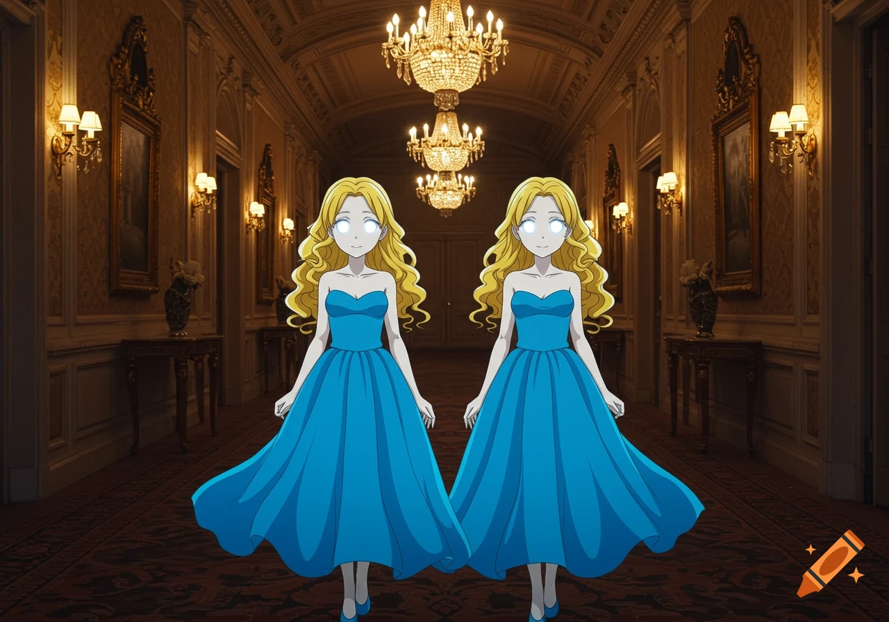 Two identical anime twin girls with long blonde hair and glowing white eyes wear blue dresses in an opulent hotel hallway.