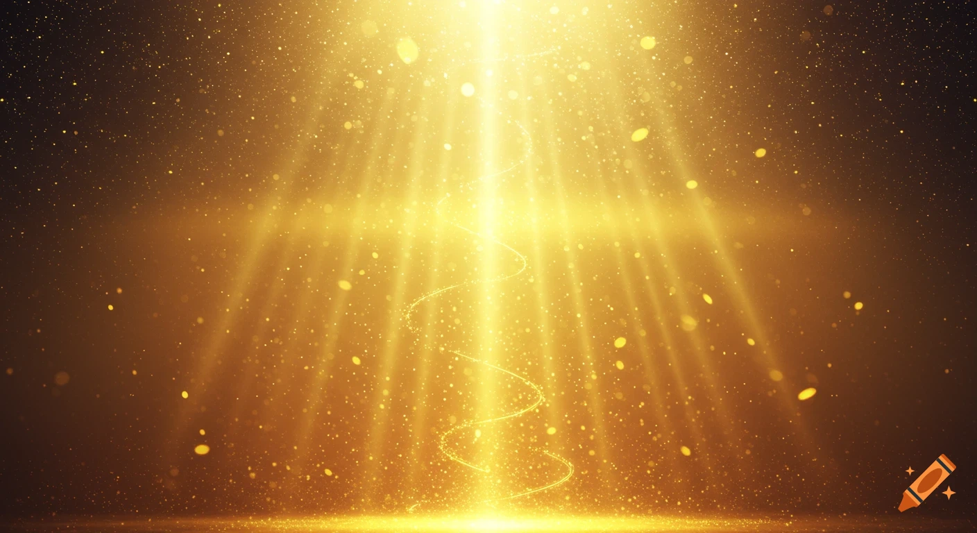 A radiant golden glowing cosmic scene with ethereal light beams, sparkling particles, and a luminous spiral of light.