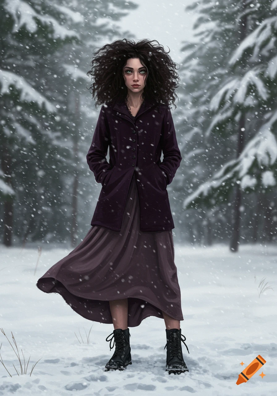 A woman with wild dark curly hair, wearing a purple jacket and long skirt, stands in a snowy forest with falling snow. Digital painting.