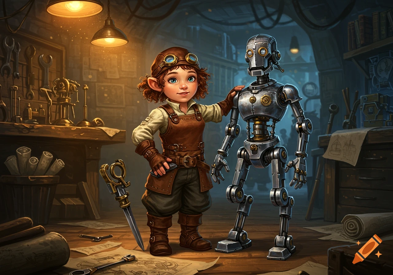 A young female gnome inventor with goggles on her hat stands in a cluttered steampunk workshop next to a silver robot.