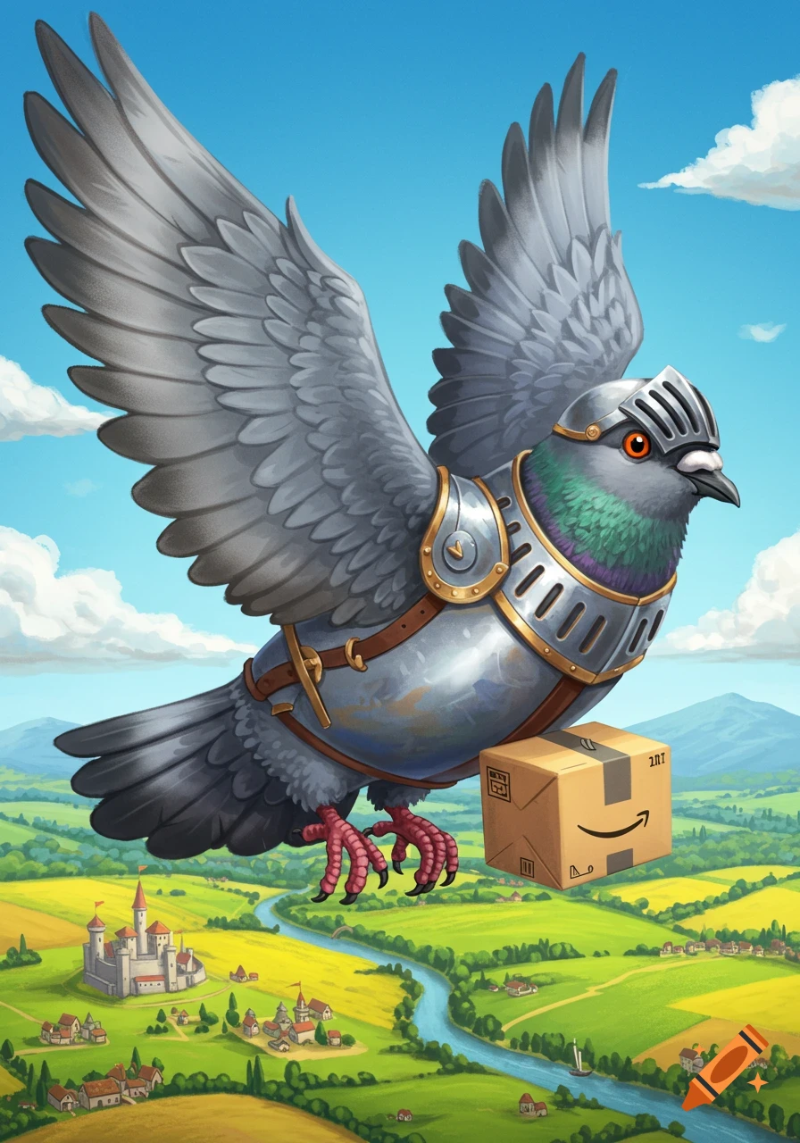 A fantasy illustration of a pigeon in knight's armor flying over a vibrant green landscape with a castle and river, delivering an Amazon package.