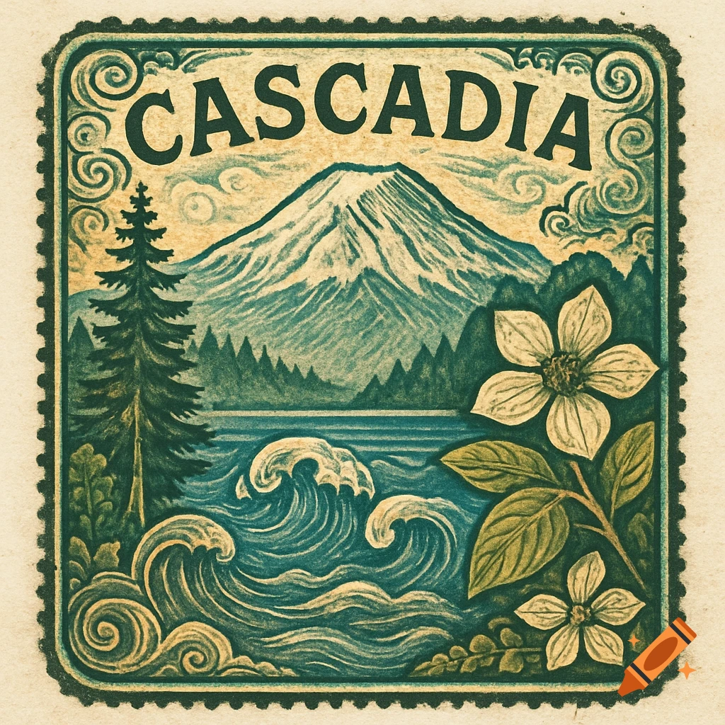 Stylized vintage-style passport stamp for Cascadia region with a mountain, lake, waves, pine tree, and dogwood flowers.