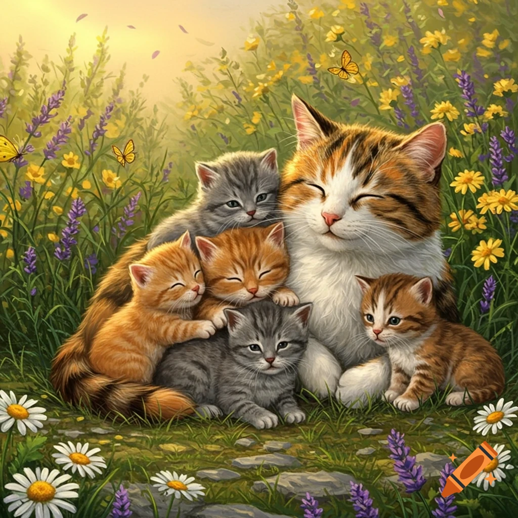 A mother cat and her kittens cuddle in a field of yellow and purple wildflowers, with butterflies. Digital painting.