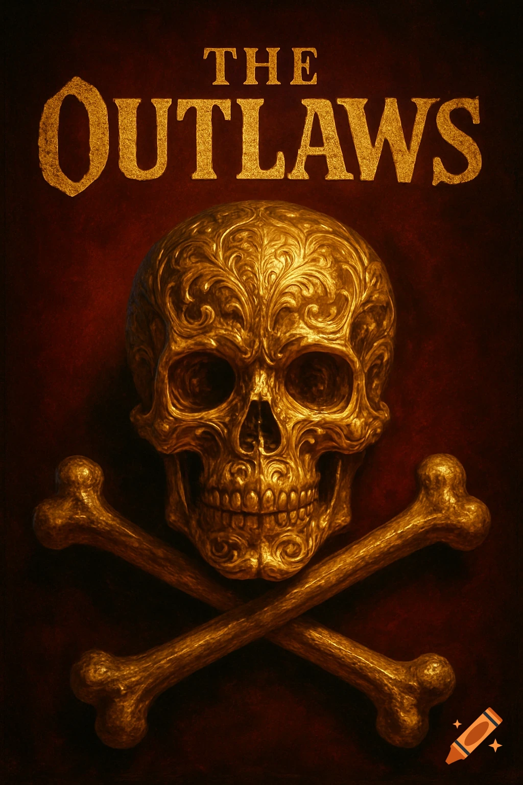A golden, intricately detailed skull rests on two crossed golden bones, with the words 'THE OUTLAWS' above, on a dark red background.