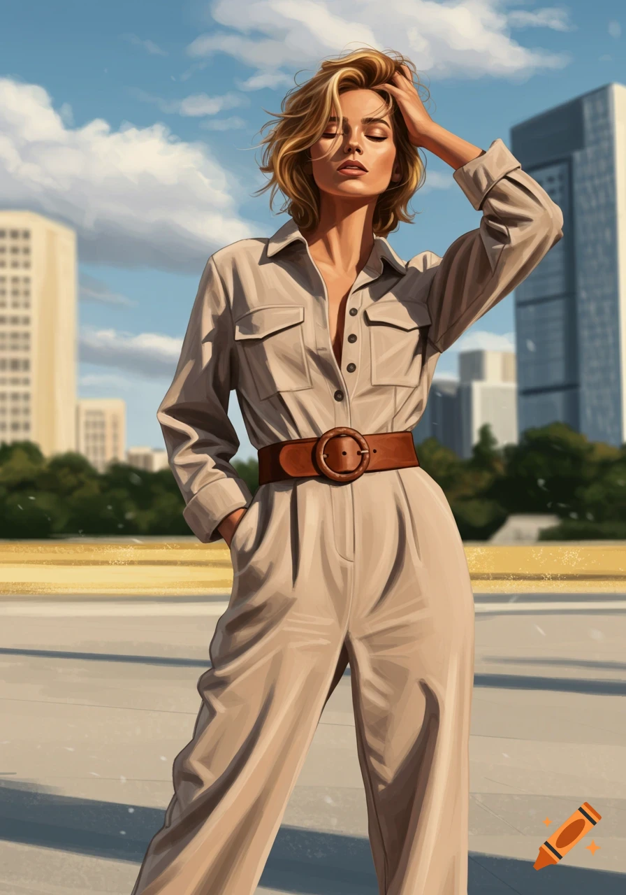 An illustrative painting of a woman with blonde hair in a beige jumpsuit and brown belt, posing outdoors in an urban setting.