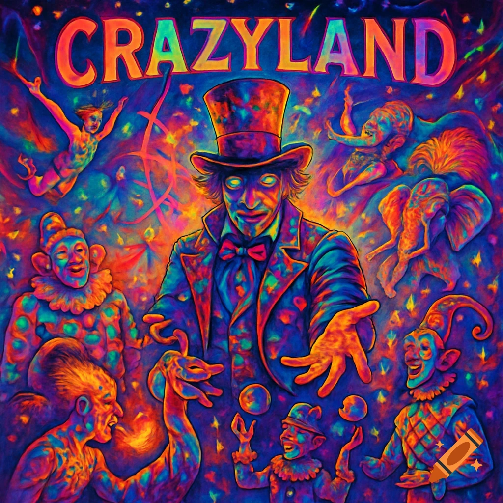 Psychedelic album cover for 'CRAZYLAND' with a sinister ringmaster, clowns, and acrobats in vibrant neon colors.