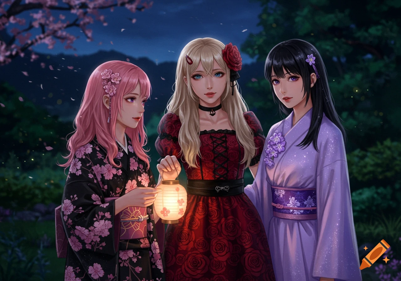 Three anime girls, one in a kimono with a lantern, stand in a moonlit garden with cherry blossoms, digital art.