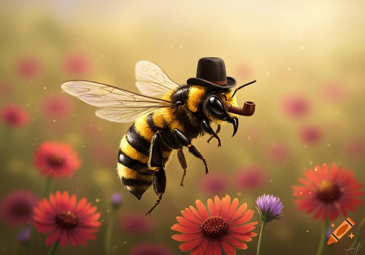 A stylized bee wearing a black top hat and smoking a pipe, flying amidst colorful flowers in a sunny field.