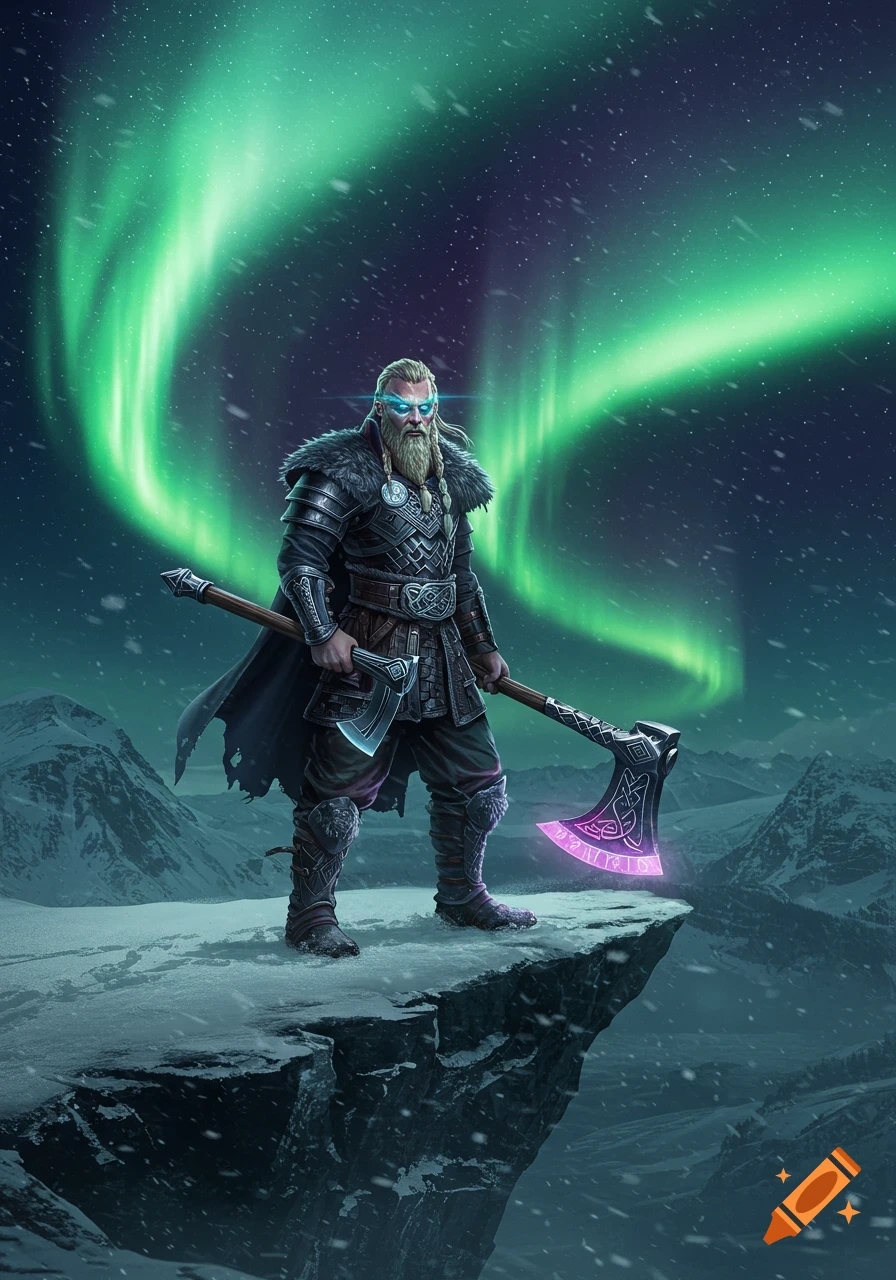 A majestic Norse warrior with glowing blue eyes and a braided beard, holding two axes with glowing runes, stands on a snowy mountain cliff under vibrant green Northern Lights.