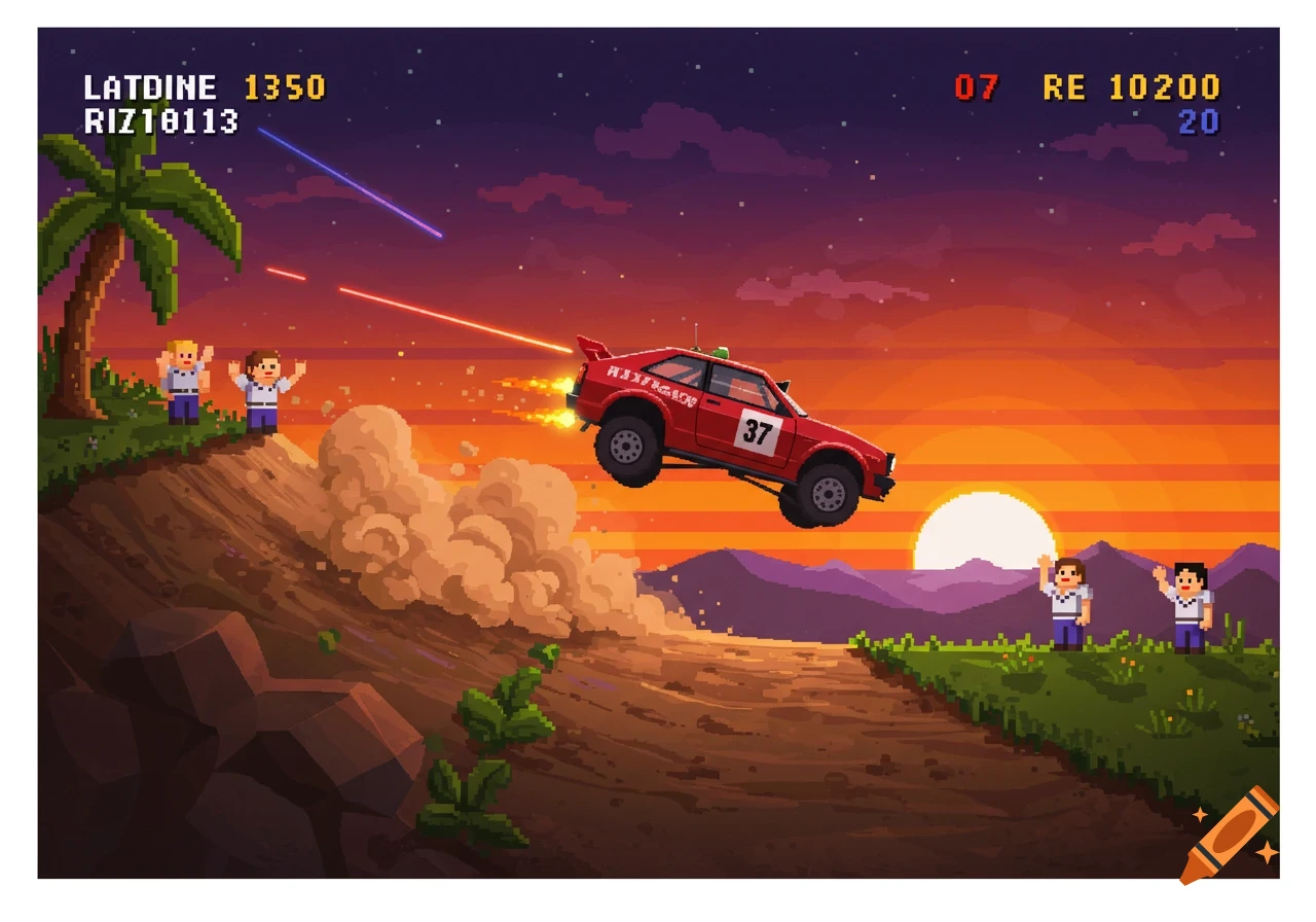 Pixel art scene of a red rally car with '37' on the door, jumping over a dirt mound, with people waving and laser beams, at sunset.