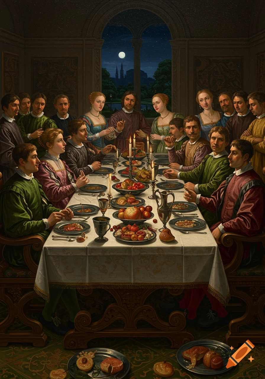 A Renaissance painting of people feasting at a candlelit table under arched windows with a moonlit sky.
