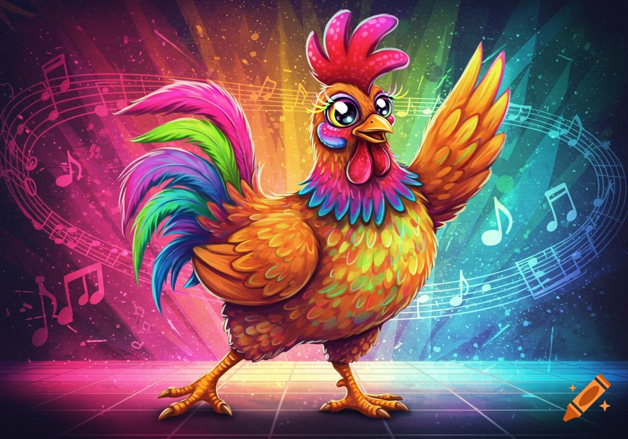 A vibrant, cartoon chicken in a dynamic dance pose on a light-up stage with musical notes.