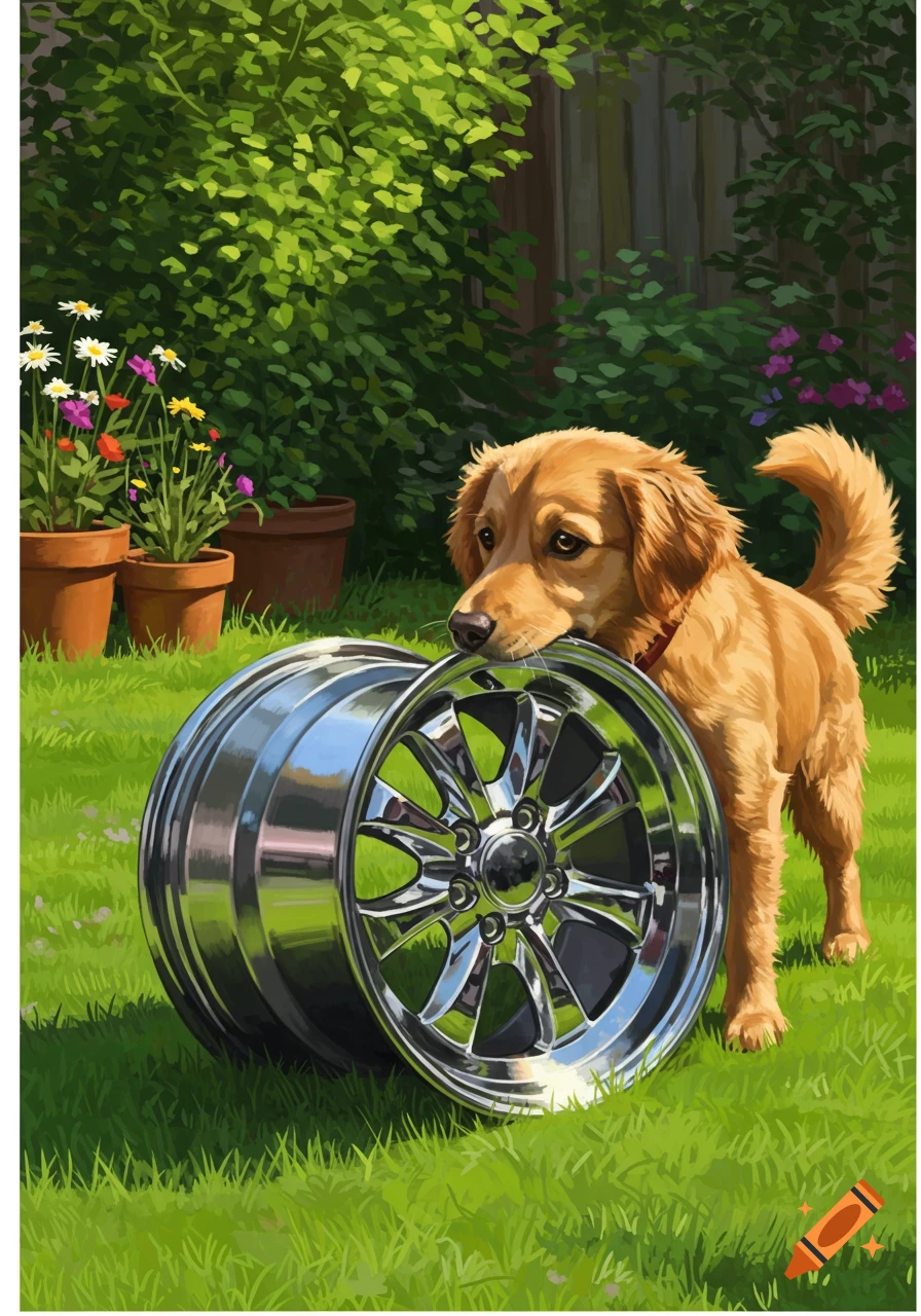 A golden retriever puppy noses a shiny chrome car wheel in a sunny green garden, in a painted style.