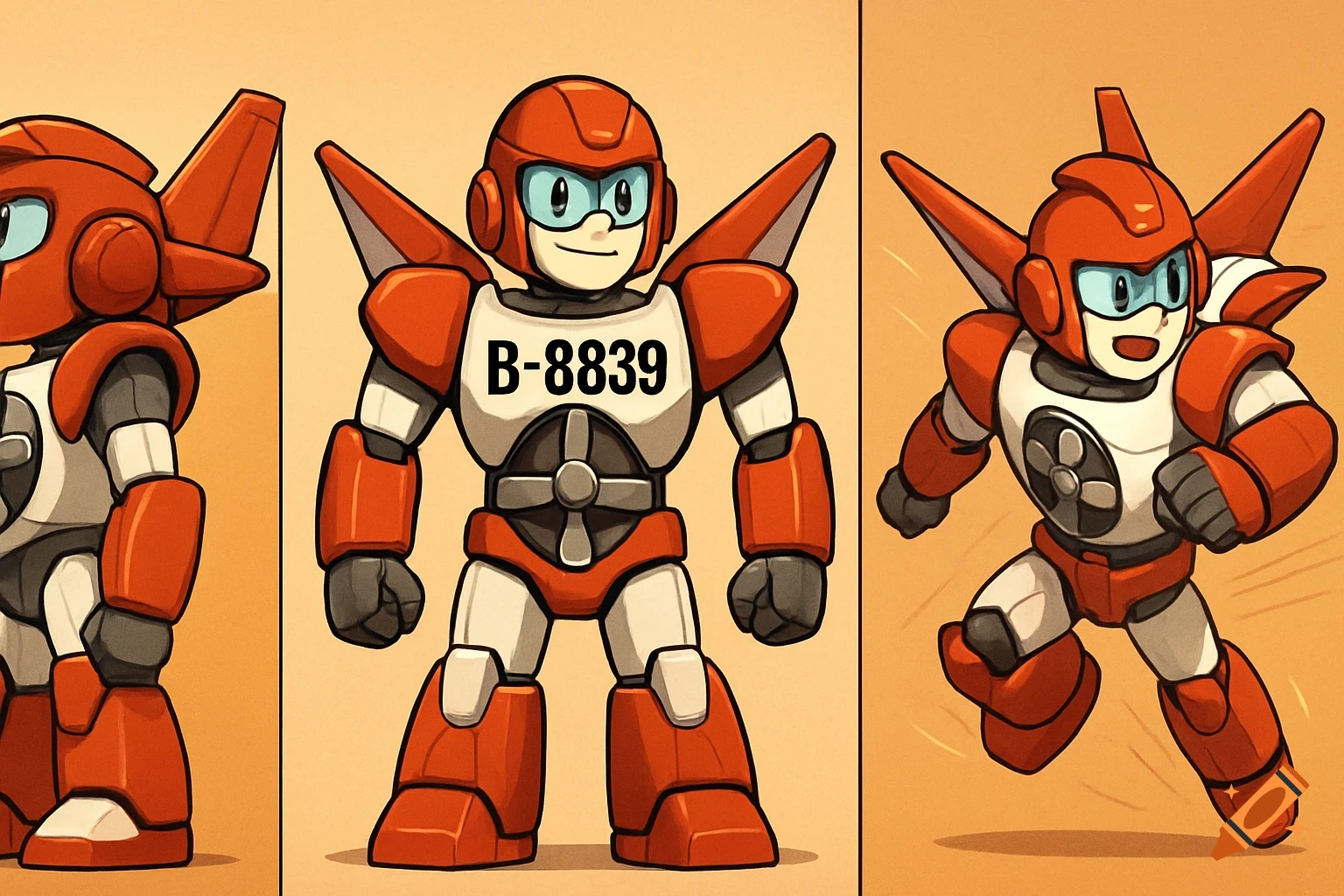 A three-view illustration of a red and white cartoon robot with airplane wings and propeller details, wearing 'B-8839' on its chest.