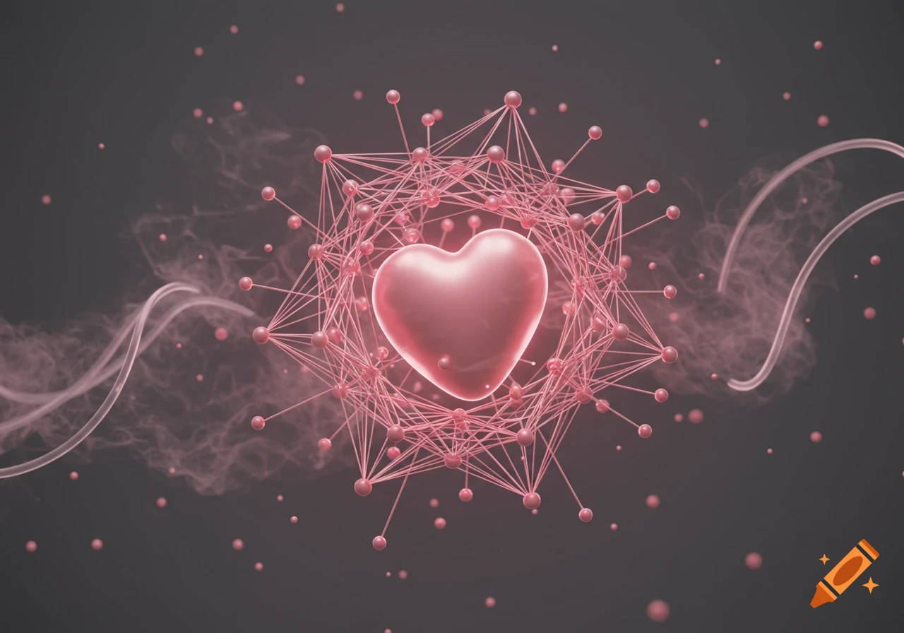 A glowing pink heart at the center of an intricate pink geometric network and swirling smoke on a dark grey background.